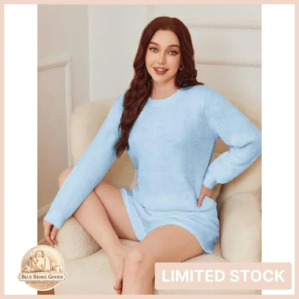 Fuzzy Fleece Pajama Set Cozy Lounge Wear Long Sleeve Top Shorts Comfy